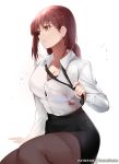  1girl artist_name bangs black_legwear black_skirt blood bloody_clothes braid breasts chainsaw_man cleavage collarbone collared_shirt commentary_request formal from_side large_breasts makima_(chainsaw_man) mujinbi necktie pencil_skirt ringed_eyes shirt simple_background skirt smile solo white_background white_shirt 