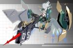  1girl floating_hair gun highres holding holding_gun holding_weapon looking_down mecha mecha_musume mechanical_wings original pink_eyes solo weapon white_hair wings zhu_fun 