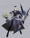  1boy 1girl full_body grey_hair hat high_collar highres holding holding_weapon long_hair monster_hunter nishihara_isao puffy_short_sleeves puffy_sleeves see-through shiny shiny_clothes short_sleeves silver_eyes weapon 