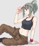  1girl black_tank_top brown_jumpsuit crop_top eyewear_on_head feet_out_of_frame full_body glasses green_hair grey_background hair_ribbon jumpsuit_around_waist kantai_collection long_hair looking_to_the_side midriff navel ponytail remodel_(kantai_collection) ribbon rindou_(rindou_annon) simple_background sitting solo tank_top white_ribbon yokozuwari yuubari_(kantai_collection) 