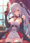  1girl arm_support azur_lane bangs bare_shoulders between_breasts black_cape black_gloves black_ribbon blush breasts cape chalice cleavage cocoablue23 coin commentary_request cowboy_shot detached_collar drake_(azur_lane) dress elbow_gloves eyebrows_visible_through_hair gem glint gloves gold gun hair_between_eyes hair_ribbon hand_up handgun head_tilt highres holding holding_gun holding_weapon indoors large_breasts light_rays long_hair looking_at_viewer necktie necktie_between_breasts pistol red_neckwear ribbon short_dress side_ponytail sidelocks silver_hair sitting skindentation smile solo strapless strapless_dress sunbeam sunlight thighhighs treasure treasure_chest weapon white_dress window yellow_eyes zettai_ryouiki 