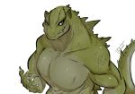  anthro claws fangs godzilla godzilla_(series) green_body hi_res male muscular muscular_anthro muscular_male open_mouth open_smile simple_background smile solo spikes toho vipery-07 white_background 