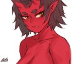  1girl breasts brown_hair cleavage collarbone fang fang_out horns kidouko_(zakusi) large_breasts looking_at_viewer oni oni_horns original pointy_ears red_oni red_skin short_hair signature simple_background slit_pupils solo upper_body white_background yellow_eyes zakusi 