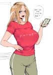  1girl absurdres bangs_pinned_back blonde_hair blue_eyes breasts cellphone english_commentary english_text folded_hair glasses green_pants hair_pulled_back hand_on_hip highres holding holding_phone inne_sulistya_robin large_breasts long_hair looking_to_the_side norman_maggot open_mouth original pants phone red_shirt shirt short_sleeves sidelocks smartphone speech_bubble standing 