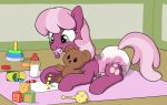  cheerilee_(mlp) clothed clothed_feral clothing crayons cutie_mark diaper drawing equid equine eyelashes female feral friendship_is_magic furgonomics green_eyes hair hasbro hi_res horse lying mammal mane multicolored_hair multicolored_mane my_little_pony plushie rattler sippie_cup skitterpone solo toy two_tone_hair two_tone_mane two_tone_tail 