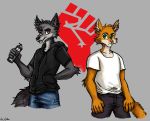  adam_grimwald_(domus_vocis) anthro black_bottomwear black_clothing black_hoodie black_pants black_topwear bottomwear canid canine canine_tail canis clothed clothing digital_drawing_(artwork) digital_media_(artwork) domestic_cat duo felid feline feline_tail felis fingers fist fist_pump fully_clothed fur green_eyes grey_background grey_body grey_fur grin hair hand_in_pocket hands_on_knees hi_res hoodie jeans looking_at_another looking_at_viewer lowell_(domus_vocis) male mammal orange_body orange_eyes orange_fur paint pants pockets rebellion shirt simple_background smile spray_can spray_paint standing tabby_cat tabby_fur thelivingshadow topwear tuft tufted_ears waist_up white_clothing white_shirt white_topwear wolf 