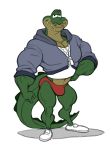  alligator alligatorid analon_(artist) anthro bolt_jenkins bulge clothing crocodilian footwear hoodie looking_at_viewer male muscular muscular_anthro muscular_male navel reptile scalie shirt shoes simple_background sneakers solo speedo swimwear t-shirt thick_thighs topwear white_background 