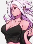  1girl android_21 black_nails breasts cleavage closed_mouth collarbone detached_sleeves dragon_ball dragon_ball_fighterz grey_background hair_between_eyes kemachiku large_breasts long_hair looking_away majin_android_21 nail_polish pink_hair pink_skin pointy_ears red_eyes simple_background solo tail upper_body 