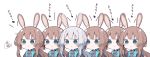  6+girls :&gt; alternate_hair_color amiya_(arknights) animal_ear_fluff animal_ears arknights ascot bangs beni_shake black_jacket blue_eyes blue_neckwear blush brown_hair bunny_ears closed_mouth commentary_request eyebrows_visible_through_hair flying_sweatdrops grey_hair jacket long_hair multiple_girls open_clothes open_jacket ponytail sidelocks signature simple_background translation_request upper_body v-shaped_eyebrows white_background 
