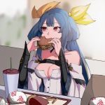  1girl bag bangs belt blue_hair breasts choker cleavage collarbone cup detached_sleeves dizzy_(guilty_gear) drink eating food french_fries guilty_gear guilty_gear_xrd hair_between_eyes hair_ribbon hair_rings hamburger highres kyou_(ningiou) large_breasts long_hair monster_girl paper_bag red_eyes ribbon sitting solo twintails twitter_username yellow_ribbon 