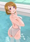  1girl absurdres ass blush breasts competition_swimsuit from_behind highres keisuke_(0320030103200301) koizumi_hanayo looking_at_viewer looking_back love_live! love_live!_school_idol_project medium_breasts one-piece_swimsuit open_mouth orange_hair pool purple_eyes short_hair solo swimsuit upper_teeth wading water white_swimsuit 