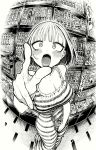  1girl bangs blush book breasts cleavage dress fingernails fisheye hatching_(texture) highres holding holding_book imomonono indoors large_breasts looking_at_viewer manga_(object) medium_hair open_mouth original pencil pointing pointing_at_viewer pov shelf short_hair slit_pupils solo striped striped_dress teeth tongue traditional_media upper_teeth 