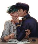  2boys brooch cdash817 cheek_kiss closed_eyes couple diamond_wa_kudakenai drawing earrings gakuran green_hair hairband headband heart higashikata_jousuke highres ink jewelry jojo_no_kimyou_na_bouken kishibe_rohan kiss male_focus multiple_boys pompadour purple_hair school_uniform yaoi 