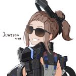  1girl bangs_pinned_back brown-tinted_eyewear brown_hair copyright_request exoskeleton from_behind looking_at_viewer looking_back pandea_work ponytail simple_background smile solo sunglasses upper_body white_background 