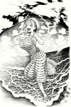  1girl armpits bangs beach blush breasts clenched_hands closed_eyes cloud cloudy_sky dress fisheye greyscale hands_up highres imomonono large_breasts monochrome open_mouth original short_hair sky smile solo striped striped_dress waves wet 