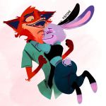  1:1 2020 anthro bodily_fluids canid canine clothed clothing disney duo eyes_closed fox fully_clothed fur grey_body grey_fur hi_res hug judy_hopps koutone lagomorph leporid mammal necktie nick_wilde open_mouth open_smile orange_body orange_fur rabbit red_fox shirt simple_background smile tears topwear zootopia 