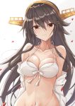  1girl bikini black_hair breasts brown_eyes cleavage collarbone front-tie_top gensoukitan hairband halterneck haruna_(kantai_collection) headgear highres jacket kantai_collection long_hair looking_at_viewer medium_breasts open_clothes open_jacket remodel_(kantai_collection) smile solo swimsuit upper_body white_bikini white_jacket 
