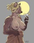  2020 anthro blonde_hair braided_hair breasts female hair hi_res hyaenid mammal martini_glass nipples olive_(food) skitalets solo spotted_hyena 