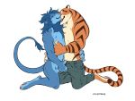  4:3 anthro blue_body blue_fur bottomwear clothed clothing duo eyes_closed felid fur gibbons grope lion looking_pleasured male male/male mammal mane pantherine pants partially_clothed smile stripes tiger 