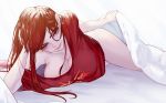  1girl blanket breasts commentary_request elbow_rest fate/grand_order fate_(series) hand_on_head large_breasts lifting lifting_covers long_hair looking_at_viewer lying marchab_66 no_bra no_pants oda_nobunaga_(fate)_(all) oda_nobunaga_(maou_avenger)_(fate) on_side pillow red_eyes red_hair shirt smile solo t-shirt upper_body 