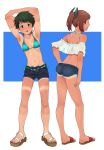  2girls alternate_costume ass bikini black_hair black_shorts blue_bikini blue_shorts brown_eyes brown_hair casual commentary_request crop_top cutoffs denim denim_shorts full_body green_eyes highres i-401_(kantai_collection) kantai_collection looking_at_viewer mogami_(kantai_collection) multiple_girls off-shoulder_shirt off_shoulder sandals shirt short_hair short_shorts shorts side-tie_bikini standing stretch swimsuit swimsuit_under_clothes tan tanline tooku_nomura_(artist) white_shirt 