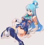  a1 aqua_(konosuba) areola_slip areolae bangs bare_shoulders blue_eyes blue_footwear blue_hair blue_legwear blue_shirt blue_skirt boots bow bowtie detached_sleeves dissolving_clothes full_body green_bow hair_ornament hair_rings kono_subarashii_sekai_ni_shukufuku_wo! large_areolae long_hair lying no_bra no_panties on_back shirt simple_background skirt slime thigh_boots thighhighs thighhighs_under_boots 