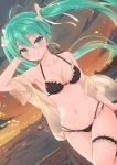  1girl ahoge aqua_eyes aqua_hair arm_up bangs bare_shoulders bikini black_bikini blush bow breasts cleavage closed_mouth collarbone commentary_request cowboy_shot dutch_angle earrings eyebrows_visible_through_hair floating_hair frilled_bikini frills gradient_sky hair_between_eyes hair_bow hand_in_hair hatsune_miku heartsix highres jewelry leg_garter long_hair looking_at_viewer medium_breasts navel ocean open_clothes outdoors railing see-through short_sleeves sky smile solo star_(symbol) star_earrings stomach swimsuit twilight twintails very_long_hair vocaloid water wins yellow_bow 