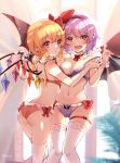  2girls ass bat_wings black_hairband blonde_hair blush bra breasts cleavage commentary_request crystal detached_collar eyebrows_visible_through_hair fangs flandre_scarlet hairband highres kirero leg_garter looking_at_viewer medium_breasts multiple_girls open_mouth panties pointy_ears purple_bra purple_hair purple_panties red_bra red_eyes red_panties remilia_scarlet short_hair siblings sisters standing thighhighs touhou underwear underwear_only white_legwear wings 