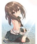  1girl bare_shoulders bike_shorts black_legwear breasts brown_eyes brown_hair eyebrows_visible_through_hair from_side green_skirt hair_between_eyes headgear kantai_collection kasashi_(kasasi008) looking_at_viewer no_shoes pleated_skirt seiza shorts shorts_under_skirt sitting skirt small_breasts smile solo taihou_(kantai_collection) thighhighs topless torn_clothes 