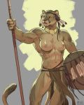  abs accessory anthro breasts clothing cougar felid feline female headband hi_res jewelry loincloth loose_feather mammal melee_weapon muscular muscular_anthro muscular_female necklace shield skitalets solo staff tribal warrior weapon 