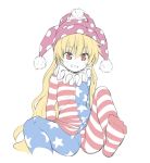  1girl american_flag_dress american_flag_legwear blonde_hair clownpiece grin hat jester_cap long_hair long_sleeves neck_ruff nibi no_wings pantyhose polka_dot purple_headwear red_eyes simple_background sitting smile solo striped touhou very_long_hair white_background 