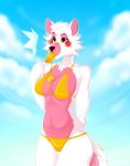  blush breasts canid canine clothing dripping female five_nights_at_freddy&#039;s five_nights_at_freddy&#039;s_2 food fox fur hi_res mammal mangle_(fnaf) popsicle sky solo sucking summer surprised_expression swimwear uthav video_games white_body white_fur yellow_eyes 