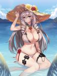  1girl absurdres algerie_(azur_lane) algerie_(white_sand_angel)_(azur_lane) arm_support arm_up azur_lane bangs bare_shoulders bikini blue_sky blurry_foreground blush bracelet breasts brown_bikini cleavage closed_mouth cloud collarbone commentary crossed_bangs detached_collar drill_hair drill_locks earrings eyebrows_visible_through_hair flower groin hair_between_eyes hat hat_flower highres huge_breasts jewelry light_rays long_hair midriff mole mole_on_breast mole_under_eye morung mountainous_horizon multi-strapped_bikini multiple_straps navel neckwear_between_breasts ocean outdoors palm_leaf purple_eyes red_neckwear shadow shallow_water sidelocks silver_hair sitting sky smile solo straw_hat sun_hat sunbeam sunlight swimsuit thigh_pouch thigh_strap two-tone_bikini wading wet white_bikini yokozuwari 