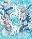  1boy azura_(fire_emblem) barefoot blue_hair bracelet breasts corrin_(fire_emblem) corrin_(fire_emblem)_(female) corrin_(fire_emblem)_(male) dress elbow_gloves fingerless_gloves fire_emblem fire_emblem_fates fire_emblem_heroes gloves hairband highres jewelry long_hair manakete mena_(suzunoki) pointy_ears red_eyes short_hair smile veil very_long_hair yellow_eyes 