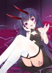  1girl :d absurdres bangs bare_shoulders black_dress black_flower black_hair black_panties black_rose blush commentary_request crossed_legs dress electricity eyebrows_visible_through_hair fangs feet_out_of_frame flower fufumi hands_up head_tilt highres honkai_(series) honkai_impact_3rd horns long_hair looking_at_viewer open_mouth panties purple_eyes raiden_mei rose sitting smile solo tattoo thighhighs underwear upper_teeth very_long_hair white_legwear 