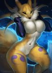  2020 big_breasts black_nose blue_eyes breasts digimon digimon_(species) digital_media_(artwork) featureless_breasts featureless_crotch female fur hi_res juliathedragoncat navel renamon solo yellow_body yellow_fur 