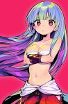  1girl bangs blue_hair breasts cleavage crossed_arms kula_diamond looking_at_viewer midriff navel purple_hair red_background red_eyes shunin solo the_king_of_fighters 
