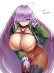  1girl absurdres ahoge arm_up blue_eyes boots breasts brown_legwear chest_strap cho!cho! choker cleavage covered_navel curvy gloves green_jacket hair_over_one_eye highres huge_breasts jacket last_origin leaning_forward leotard long_hair open_clothes open_jacket orange_leotard purple_eyes purple_gloves smile strap t-20s_gnome thigh_boots thighhighs 