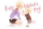  1boy 1girl :d all_might amicis_(amisic) bakugou_katsuki bakugou_mitsuki black_shirt black_skirt blonde_hair boku_no_hero_academia explosion hand_on_another&#039;s_head highres mother&#039;s_day mother_and_son open_mouth purple_shirt red_eyes red_footwear shirt shoes short_hair simple_background skirt slippers smile sneakers white_background white_footwear younger 