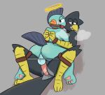 ambiguous_gender anthro arms_tied avian ball_gag balls beak bird blush bound bound_together butt collar cuffs_(disambiguation) duo feathers feet gag generation_3_pokemon genitals half-closed_eyes halo humanoid_genitalia humanoid_penis leg_spreader legs_tied looking_away looking_back male male/ambiguous marshtomp narrowed_eyes nintendo paws penis pokemon pokemon_(species) precum_from_penis restraints shells_(shellsist) shellsist skrampus spreader_bar steam_clouds tail tail_feathers talon_hands talons toes yellow_beak