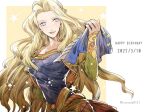  1girl birthday blonde_hair blue_eyes blue_shirt breasts celes_chere commentary_request dated final_fantasy final_fantasy_vi happy_birthday holding holding_scarf holding_unworn_clothes jacket long_hair long_sleeves looking_at_viewer medium_breasts nnnmmg0725 open_clothes open_jacket open_mouth parted_bangs puffy_sleeves scarf shirt smile solo star_(symbol) twitter_username upper_body yellow_jacket 