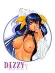  bare_shoulders blue_hair breasts breasts_outside character_name circle collarbone dizzy guilty_gear homare_(fool's_art) large_breasts long_sleeves nipples open_clothes open_shirt purple_eyes shirt simple_background solo tan upper_body white_background 