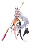 1girl absurdres asymmetrical_clothes bare_shoulders breasts caba_(caba091) choker cleavage closed_mouth detached_sleeves dragon_horns dragon_tail epic_seven framed_breasts full_body gradient_clothes highres holding holding_polearm holding_weapon horns large_breasts long_hair long_sleeves looking_at_viewer luna_(epic_seven) orange_choker orange_eyes orange_pants pants polearm race_queen simple_background single_pantsleg single_thighhigh smile solo spear tail thigh_strap thighhighs thighs underboob unzipped very_long_hair vest weapon white_background white_hair white_thighhighs white_vest zipper_pull_tab 