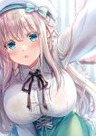  1girl aqua_eyes blonde_hair blurry blurry_background blush bra bra_visible_through_clothes braid breasts bursting_breasts elf green_skirt hair_between_eyes highres indoors large_breasts long_hair long_sleeves looking_at_viewer non-web_source open_mouth original outstretched_arm pointy_ears selfie shirt sidelocks skirt solo suzui_narumi underwear upper_body white_bra white_shirt 