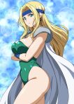  1girl absurdres armor bare_legs blonde_hair blue_headband breasts cape celes_chere covered_navel crossed_arms earrings final_fantasy final_fantasy_vi green_leotard headband highleg highleg_leotard highres jewelry large_breasts leotard looking_at_viewer shoulder_armor solo strapless strapless_leotard thighs white_cape wristband yuuyuu_(3jjbn) 