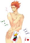  1boy card cards hisoka hunter_x_hunter male male_focus muscle nude red_hair simple_background solo 