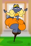 anthro artist_logo artist_name backwards_baseball_cap backwards_hat baseball_cap bedroom_eyes biceps big_bulge big_butt black_nose blurred_background blush blush_lines bottom_heavy bottomwear brown_clothing brown_footwear brown_shoes bubble_butt bulge butt canid canine canis clothing countershade_tail countershading cropped_sweater curvy_figure depth_of_field detailed_bulge ears_through_headwear eyebrows eyelashes fangs featureless_feet feet femboy footwear freckled_face freckles fur grey_body grey_fur hat headgear headwear hi_res huge_bulge huge_butt hyper hyper_bulge junytony logo male mammal muscular muscular_arms narrowed_eyes navel orange_bottomwear orange_clothing orange_shorts orange_sweater orange_topwear seductive shoes shorts side_butt signature small_waist solo sweater tail teeth text thatdawgmurray thick_eyebrows thick_thighs topwear watermark wide_hips wolf yellow_baseball_cap yellow_cap