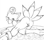  biyomon black_and_white blush butt claws digimon female looking_at_viewer looking_back monochrome mooning plain_background presenting presenting_hindquarters raised_tail shy solo unknown_artist white_background 