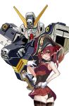  1girl commentary_request crossbone_gundam crossbone_gundam_x-1 crossover gundam highres houshou_marine huo_ji_wu jolly_roger machinery mecha miniskirt mobile_suit robot science_fiction skirt v-fin virtual_youtuber white_background 