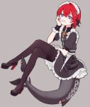  1girl adapted_costume ange_katrina arm_on_own_leg belt black_belt black_dress black_hair black_shoes black_wrist_cuffs blue_eyes brown_pantyhose candy chain colored_inner_hair commentary_request cosplay dot_nose dress drop_shadow ellen_joe ellen_joe_(cosplay) english_text fins fish_tail food food_in_mouth frilled_dress frilled_wrist_cuffs frills from_side full_body grey_background grey_tail hair_ornament hand_on_own_cheek hand_on_own_face high_heels highres lollipop long_bangs looking_at_viewer maid_headdress multicolored_hair multiple_belts nail_polish nijisanji pantyhose puffy_short_sleeves puffy_sleeves red_hair red_nails shark_girl shark_tail sharp_teeth shoes short_dress short_hair short_sleeves simple_background sitting solo tail tail_tattoo teeth triangle_hair_ornament two-tone_hair virtual_youtuber white_headdress wrist_cuffs x_hair_ornament yuzuki_(yuduame) zenless_zone_zero 